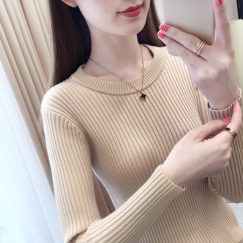 黑色打底衫女新款春秋季圆领针织衫上衣修身紧身内搭薄款毛衣套头