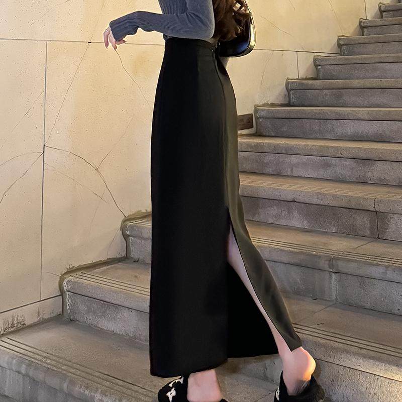 黑色毛呢半身裙女2024秋冬新款高腰遮胯显瘦中长款开叉包臀一步裙