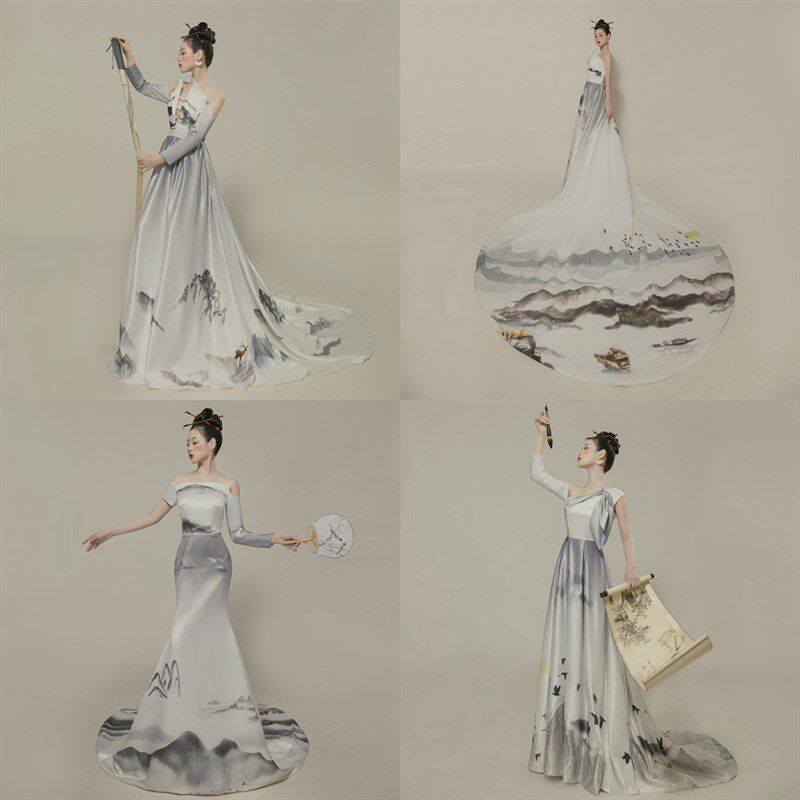 中式中国风水墨画江山华服礼服商演走秀舞台演出静展民乐演出服