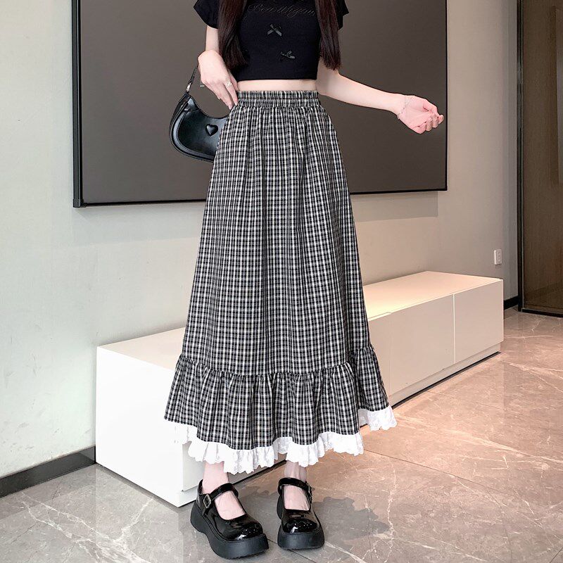 格子裙子半身裙女春夏2025新款设计感小众蕾丝花边拼接高腰a字裙
