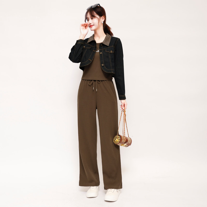 秋冬牛仔短款上衣配阔腿裤套装女小个子时尚休闲直筒裤减龄三件套