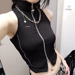 美式复古双开拉链吊带背心女设计感小众辣妹修身外穿短款上衣潮酷