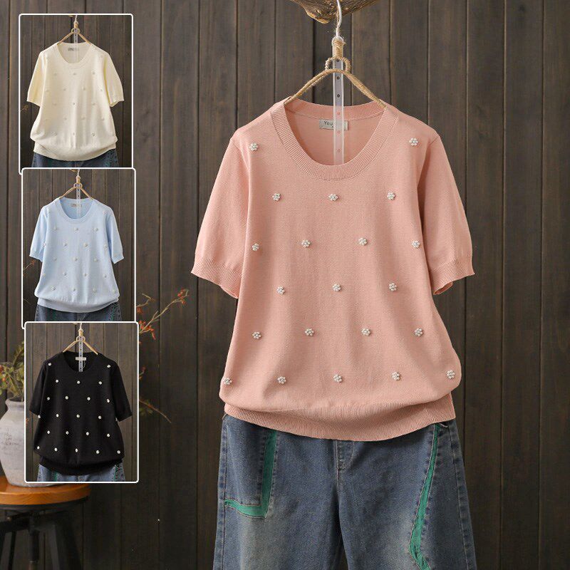 大码冰丝t恤女胖mm2024夏季新款200斤宽松显瘦短袖钉珠针织衫上衣
