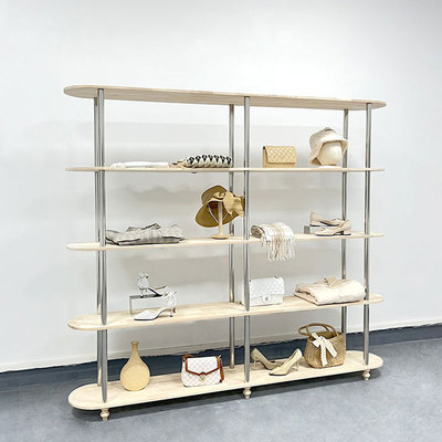 服装店鞋包展示架落地女装店不锈钢帽子展示柜实木层板多层置物架