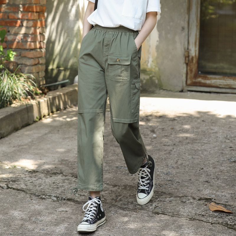 军绿色裤子女宽松直筒工装裤女夏季薄款九分小个子阔腿休闲裤春秋
