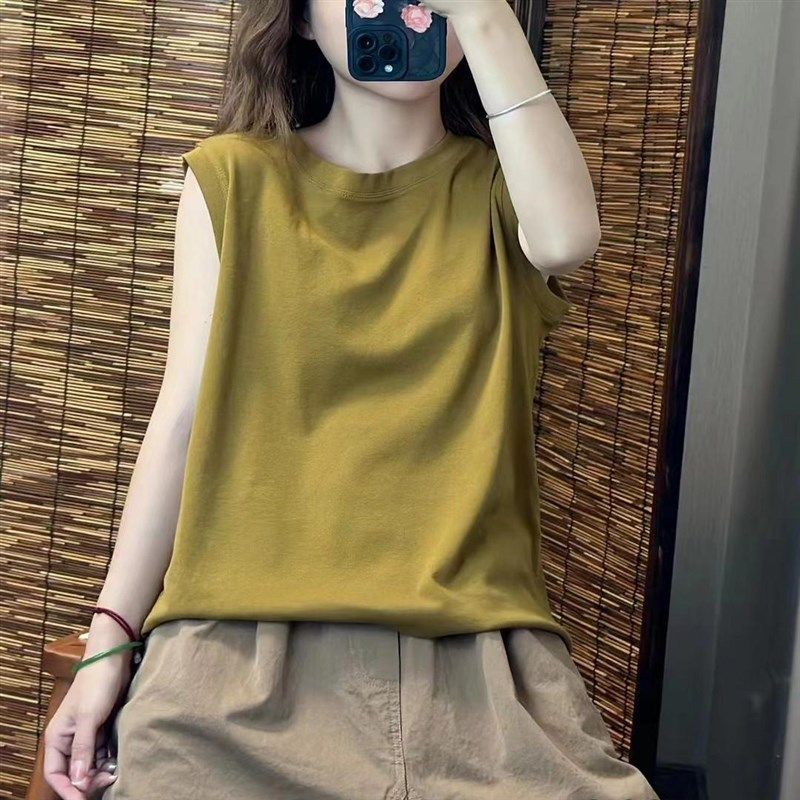 夏季纯棉吊带背心女宽松休闲复古百搭纯色圆领无袖t恤上衣外穿潮
