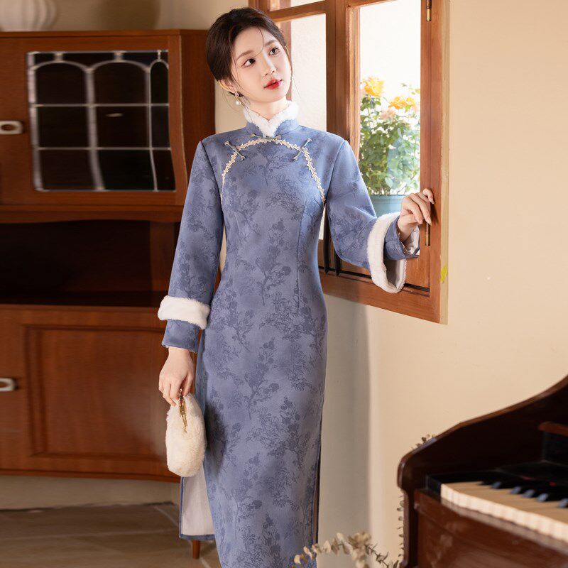 冬款蓝色旗袍倒大袖新中式改良加绒加厚年轻款少女连衣裙