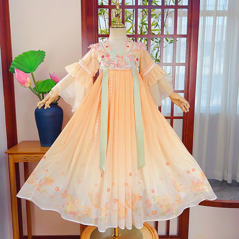 2024夏新款女8童夏季汉服雪纺裙小女孩连衣裙刺绣珍珠裙复9中国风