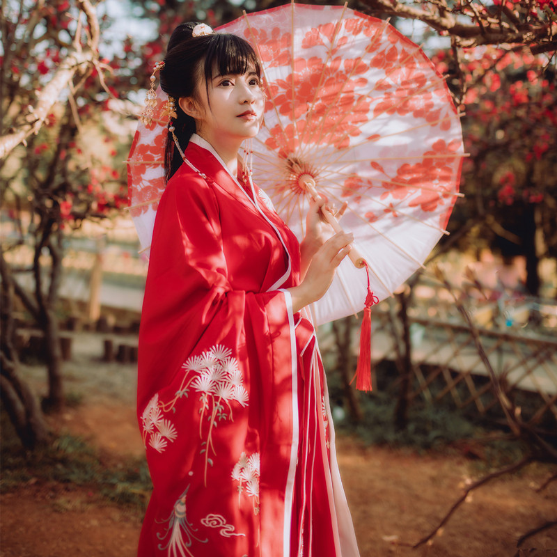 新款松萝秋冬传统汉服女双绕曲裾修身显瘦红色交领齐腰非演出古装