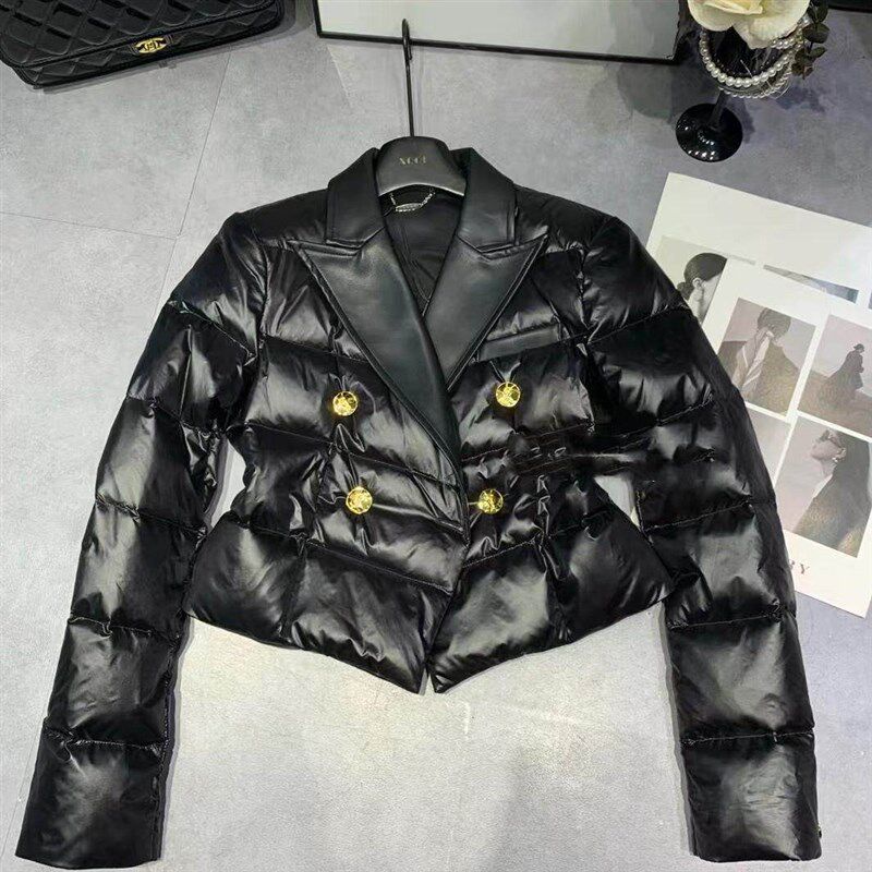 黑色短款拼接西装领羽绒服小个子双排扣修身显瘦保暖棉衣外套气质