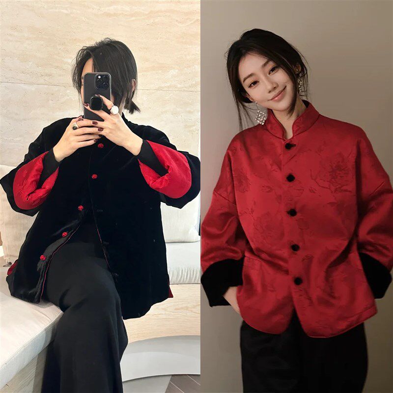 新中式国风红色两面穿羽绒棉服拜年服秋冬订婚领证丝绒棉衣外套女