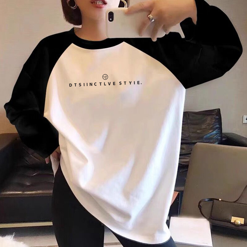 撞色长袖T恤女中长款宽松大码韩版上衣纯棉打底衫磨毛春秋冬款潮