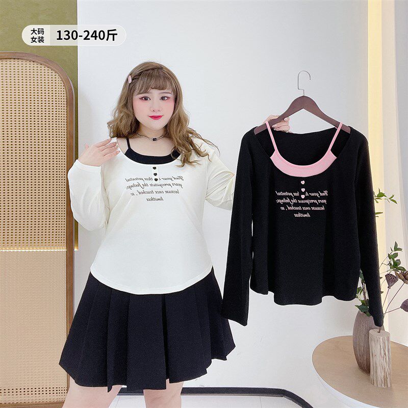纯欲风假两件打底衫胖莹莹大码女装胖mm小个子修身长袖印花T恤衫