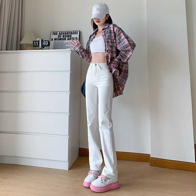 白色牛仔裤子女2024新款春秋弹力微喇叭加绒显瘦高腰宽松九分直筒