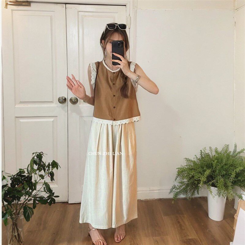 闺蜜装夏季撞色花边韩版圆领单排扣无袖上衣休闲阔腿裤时尚套装女