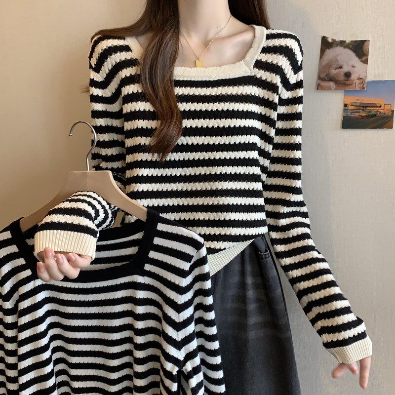 大码女装方领条纹冰丝针织衫正肩长袖T恤打底衫胖mm遮肉显瘦上衣