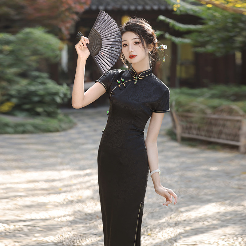 黑色旗袍夏季2025新改良年轻款少女新中式复古修身长款显瘦连衣裙