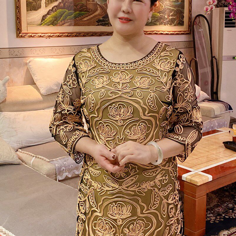 平时可穿妈妈装宴会连衣裙气质中年大码参加婚礼高贵礼服裙七分袖