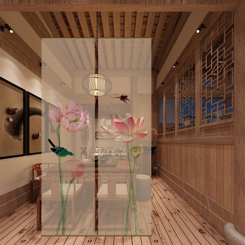 半透水墨莲花双面透景屏风纱中式卷帘隔断帘挂R帘水墨窗帘纱帘透