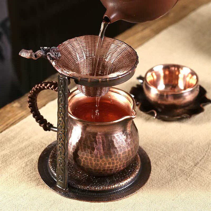 紫铜茶漏网过滤架公道杯茶滤支架茶漏泡茶托O架零配件手工锤纹套