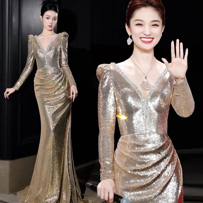 宴会晚礼服裙女2024新款高端轻奢小众气质鱼尾高级感演出服主持人