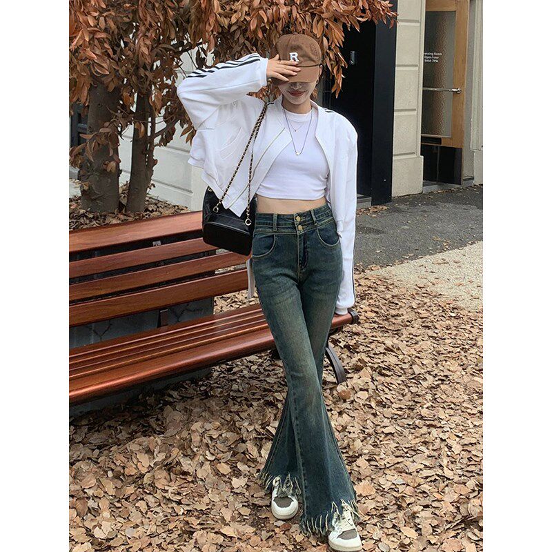 胖mm美式复古流苏微喇牛仔裤女春季新款大码女装弹力显瘦喇叭裤子