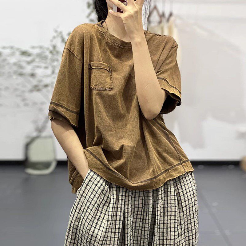 古与色 夏季韩版复古做旧卷边宽松显瘦休闲短袖圆领纯棉T恤女上衣