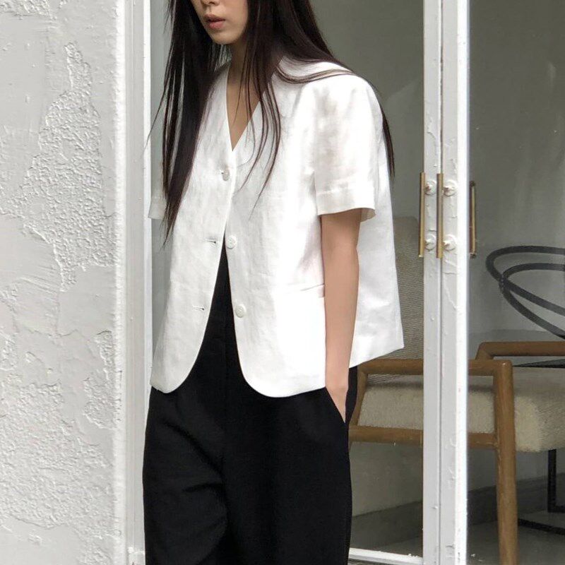 棉麻短袖西装外套女2025夏季新款韩版宽松休闲单排扣短款西服上衣