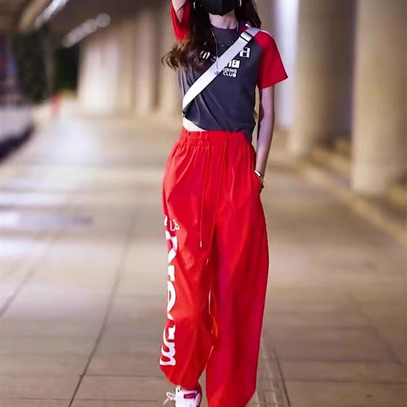 速干休闲运动套装女夏季网红炸街显高显瘦撞色跑步夏装搭配一整套