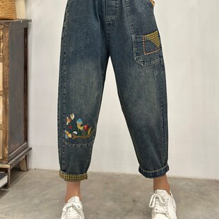 夏季薄款八分牛仔裤女韩版休闲松紧腰宽松绣花高腰翻边显瘦哈伦裤