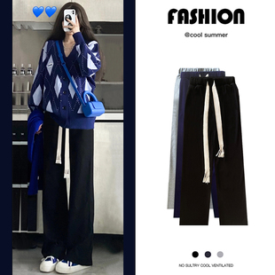 黑色显瘦休闲运动裤 抽绳阔腿裤 女春秋夏高腰垂感宽松直筒百搭卫裤