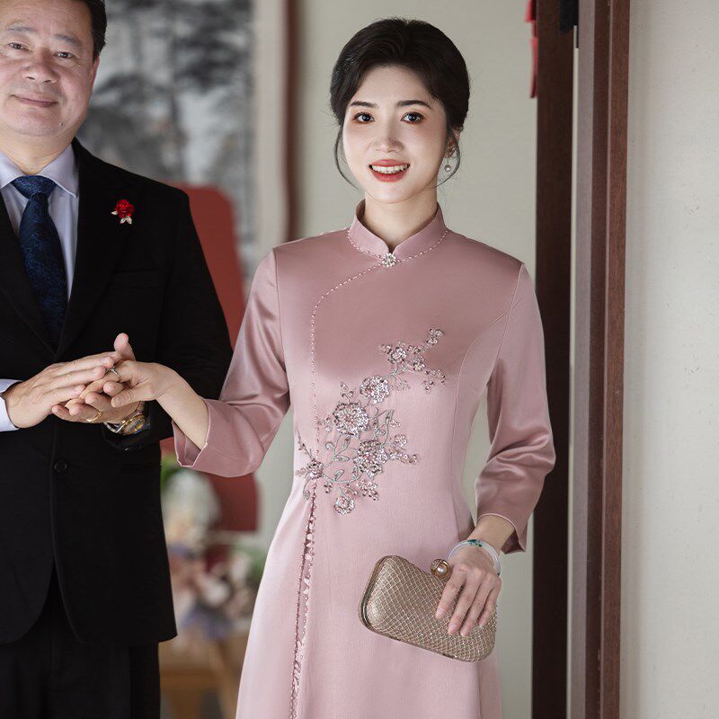 喜婆婆婚宴装高端气质妈妈参加婚礼粉色旗袍平时可穿结婚晚礼服裙