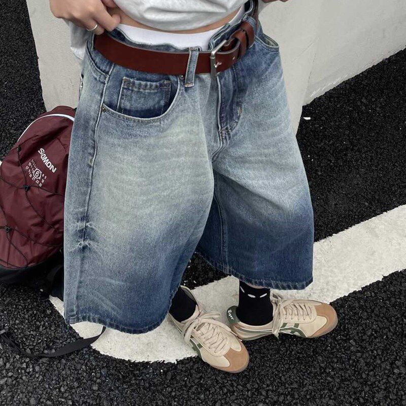 美式复古渐变牛仔七分裤女夏季高腰宽松显瘦中裤做旧水洗阔腿短裤