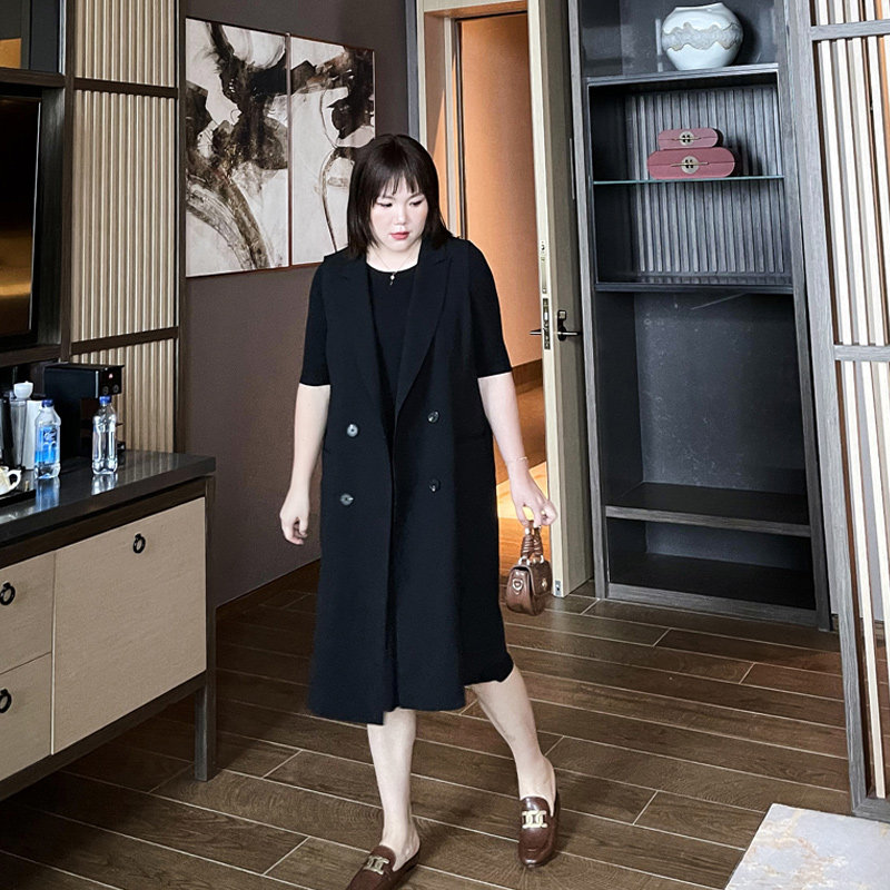 大码女装西装马甲2021年秋季200斤胖妹妹mm宽松过膝长款马夹背心