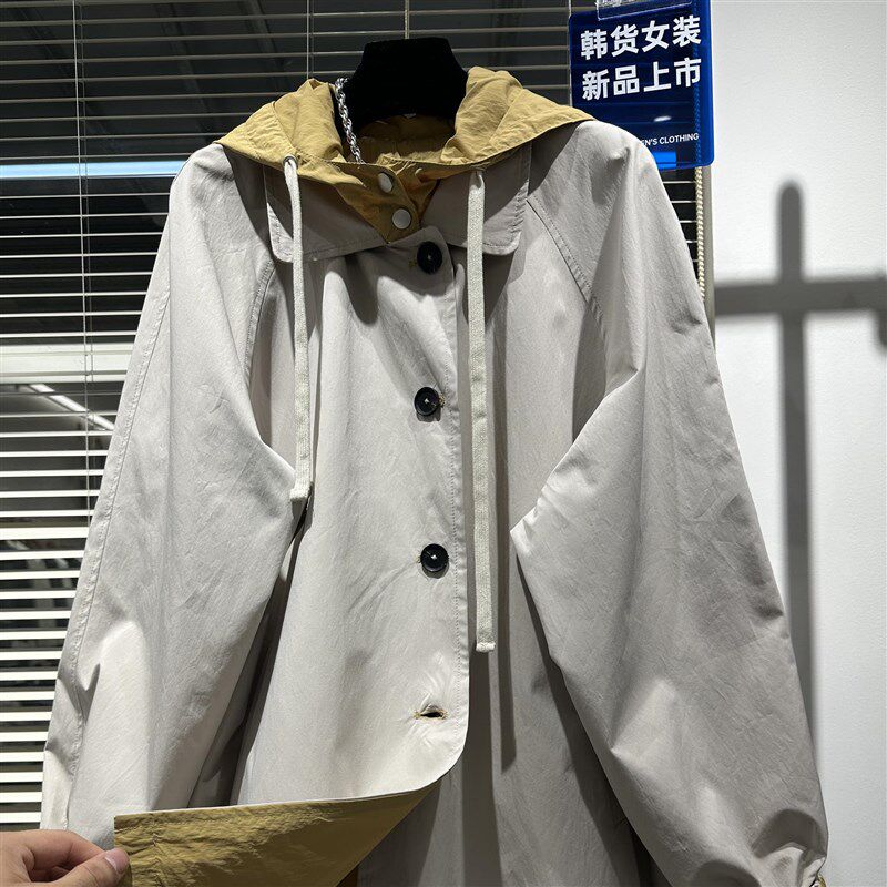 欧货正品2025春秋新款时尚撞色连帽宽松显瘦中长款风衣休闲外套女