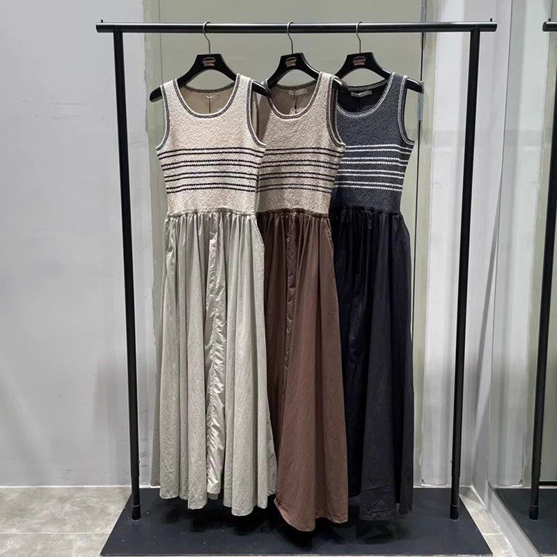 2024秋新品复古风条纹针织拼接气质长款背心连衣裙028HAZ70-2161