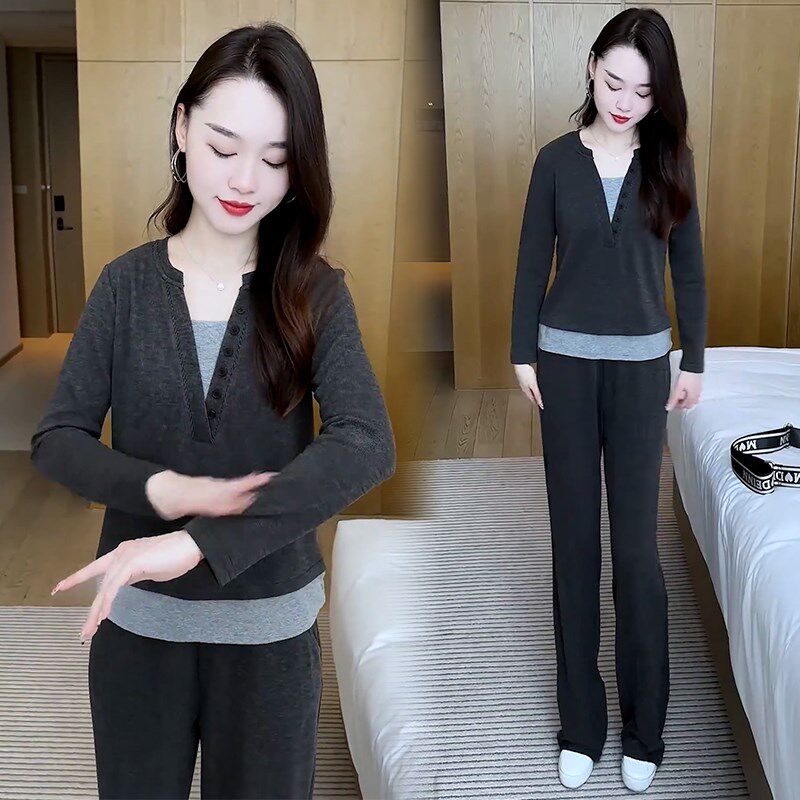 休闲运动服套装女2024春季新款洋气显瘦假两件上衣阔腿裤两件套潮