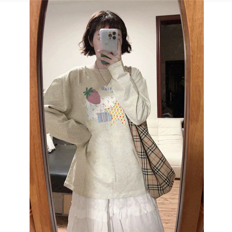 100%纯棉美式复古正肩灰色长袖t恤女小众设计感宽松内搭打底上衣