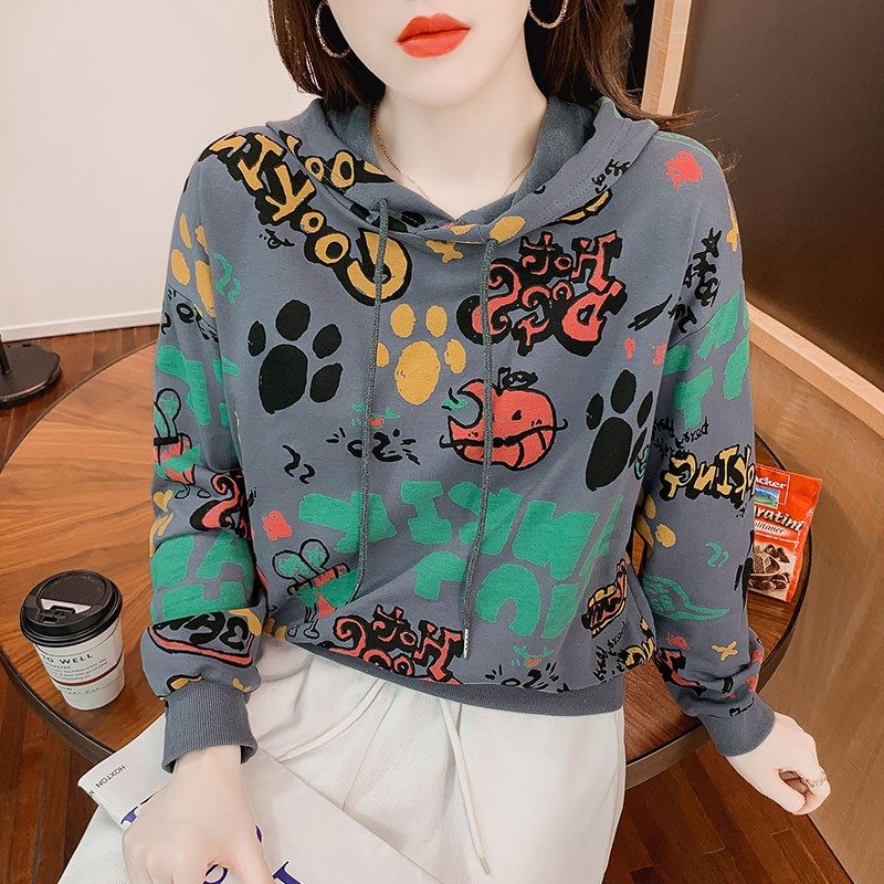 春季卫衣女纯棉女装春装新款2022年宽松时髦彩色印花创意连帽上衣