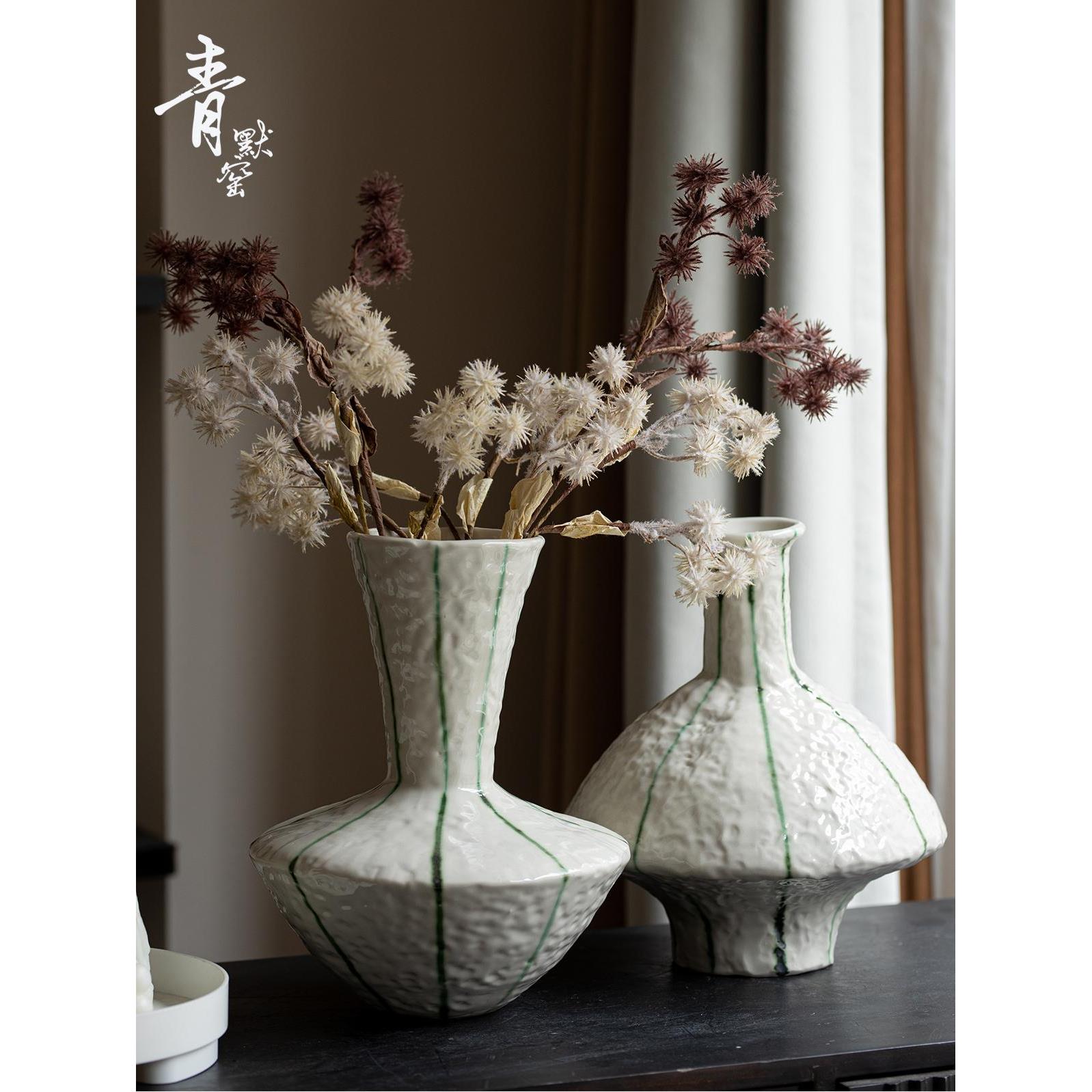 景德镇新中国风绿线花瓶手工陶瓷餐厅客厅家居软装插花艺术花器绿