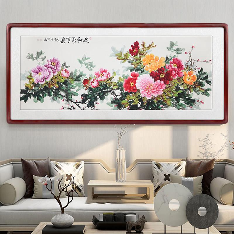 家和万事兴牡丹手绘国画花开富贵客厅背景墙壁挂画中堂招财装饰画