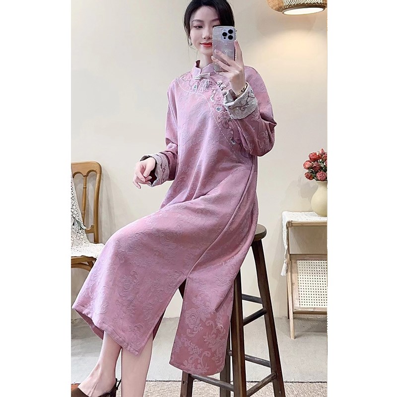 复古棉麻提花刺绣中式禅意改良版连衣裙女民国风旗袍式茶服