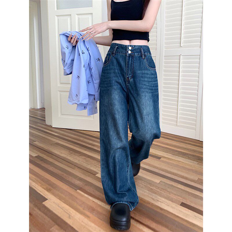春秋大码女装胖mm高腰遮胯藏肉显瘦牛仔裤设计感百搭慵懒阔腿裤