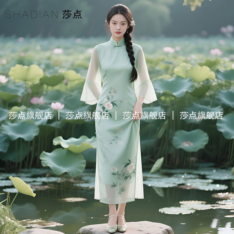 2025新款绿色薄纱新中式国风旗袍连衣裙女夏收腰显瘦礼服长裙日常