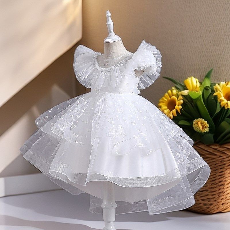 女童礼服2025新款白色短款蓬蓬裙儿童六一主持人表演服钢琴演出服