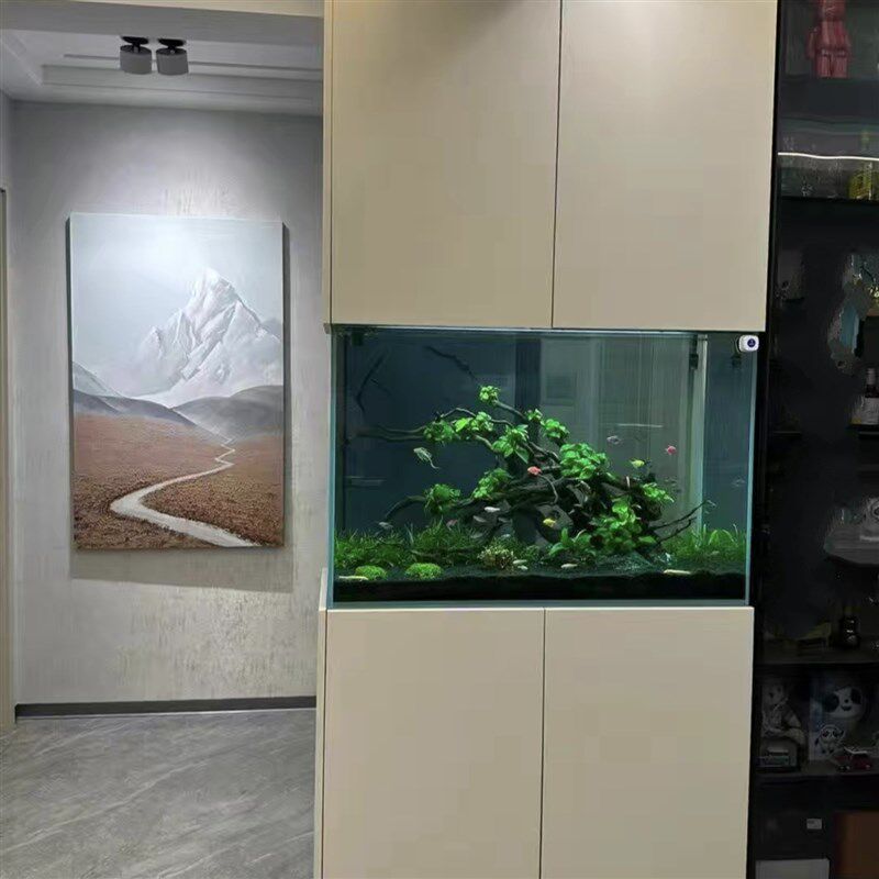 定制底滤鱼缸客厅柜面嵌入一体屏风缸水族箱窄长超白Y玻璃缸溪流