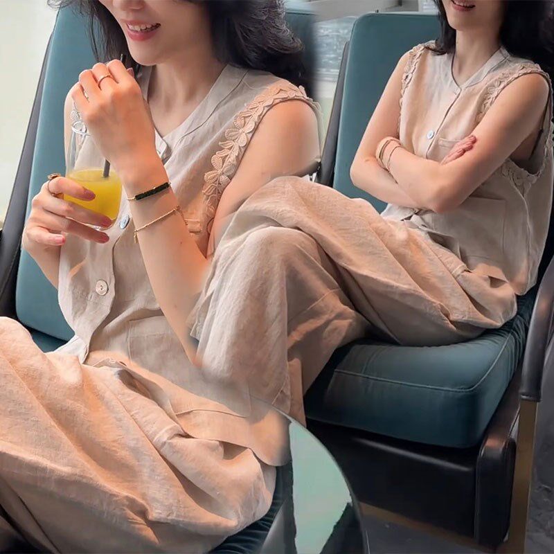 休闲度假风花边无袖马甲小开衫松紧腰阔腿裤子两件套装简约御姐风
