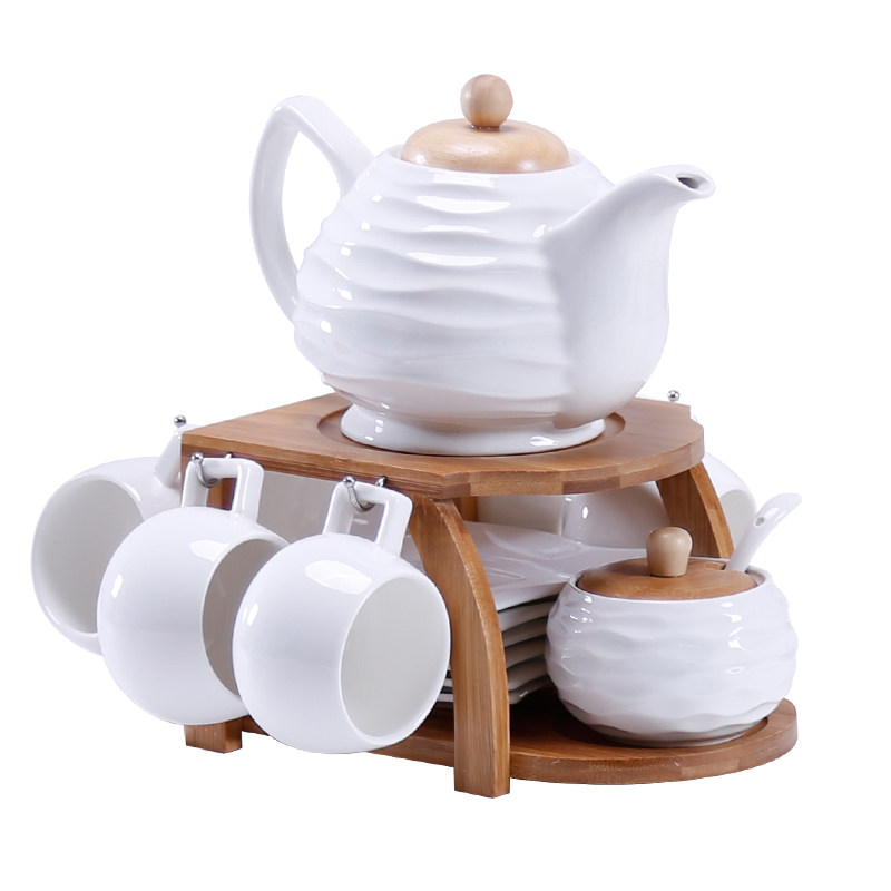 家用办公陶瓷水杯咖啡壶杯套具 欧式竹木架茶杯 V咖啡杯茶具套装