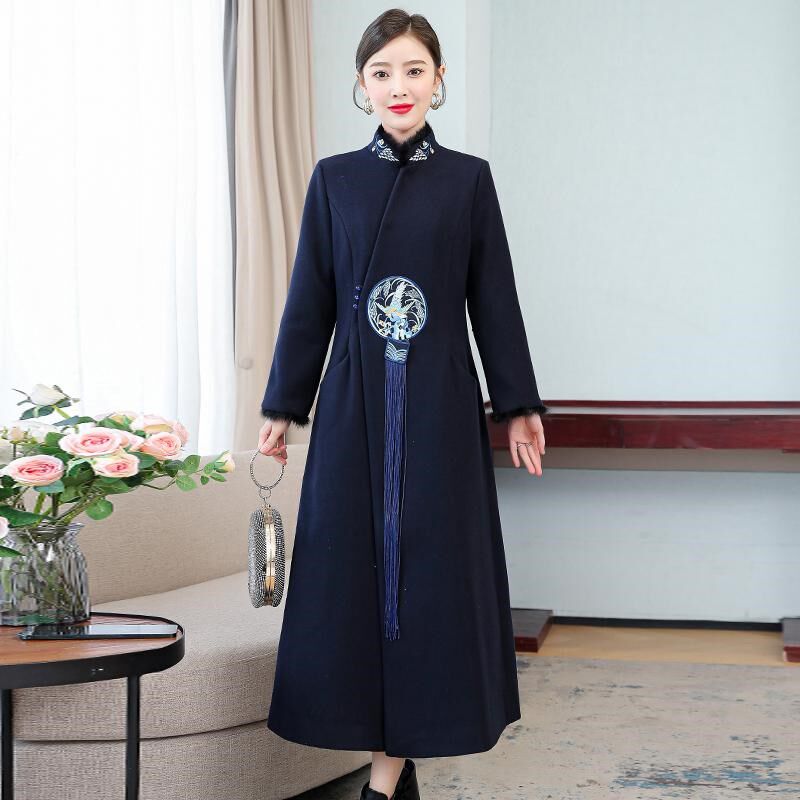 妈妈喜服婚宴礼服红色厚订婚母亲长款秋冬季结婚婆婆旗袍大衣外套