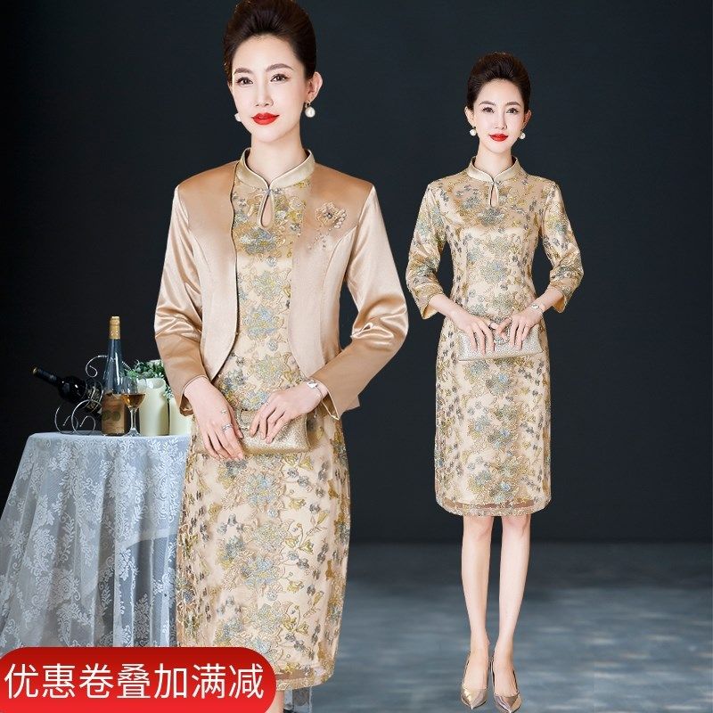 优雅日常短旗袍香槟色婚宴妈妈礼服中年秋装洋气时尚两件套连衣裙
